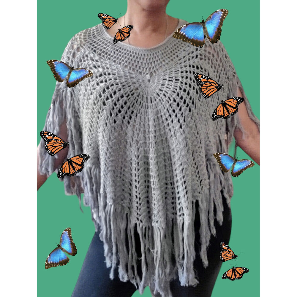 ERIKA PENA boho gray open knit fringe festival poncho sweater Size XS S M L NEW